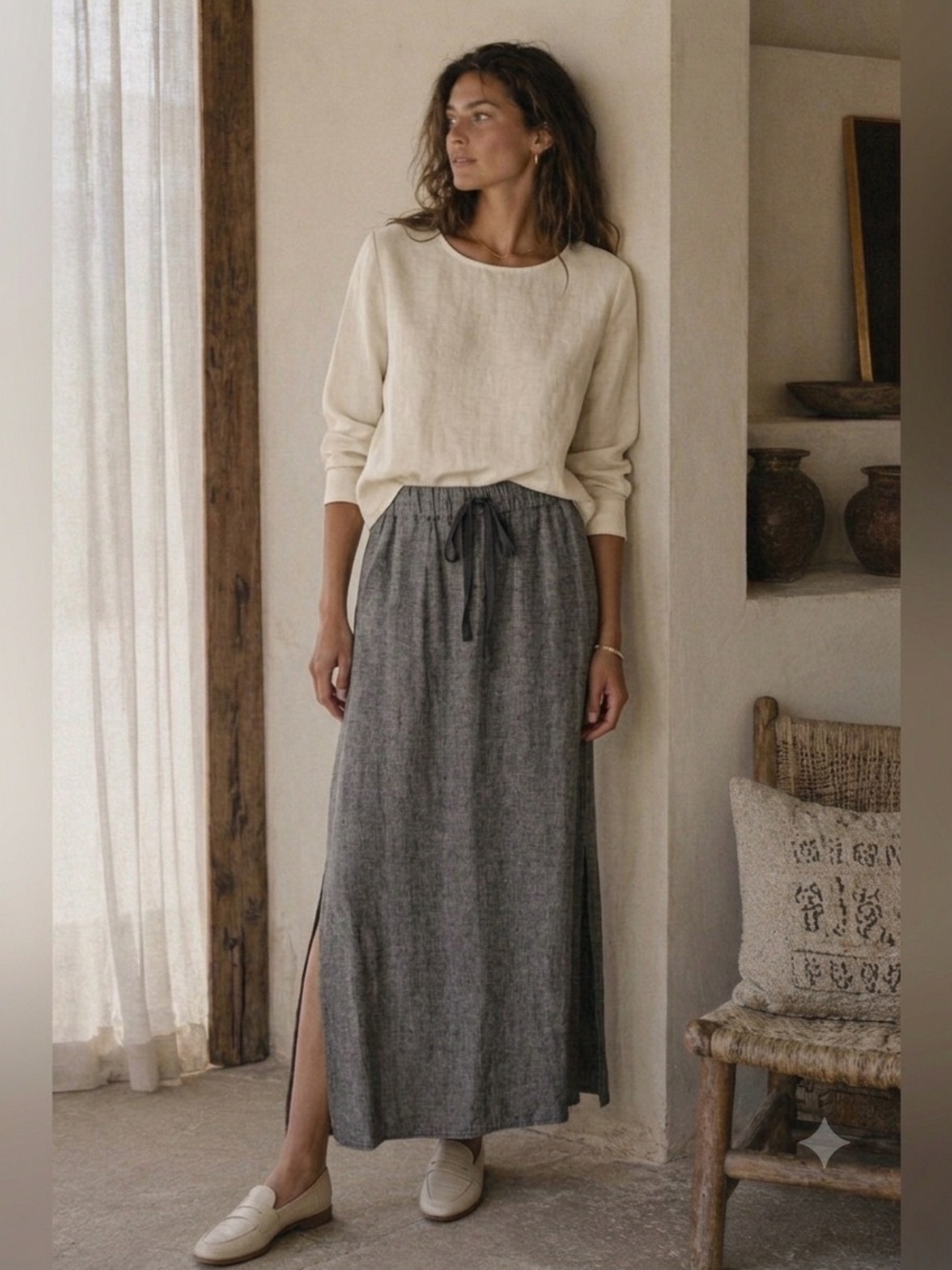 Max Studio linen maxi skirt side slits pockets drawstring waist